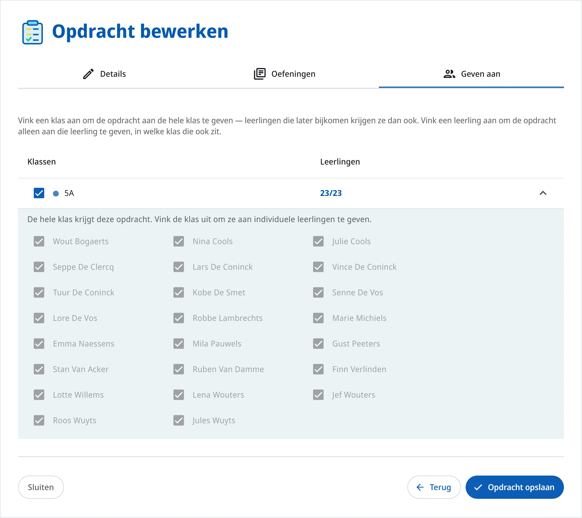 Stap Geven aan met de klassen en hun leerlingen