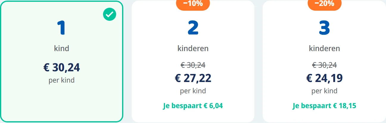De keuzekaartjes voor het aantal kinderen, met de korting per kaartje