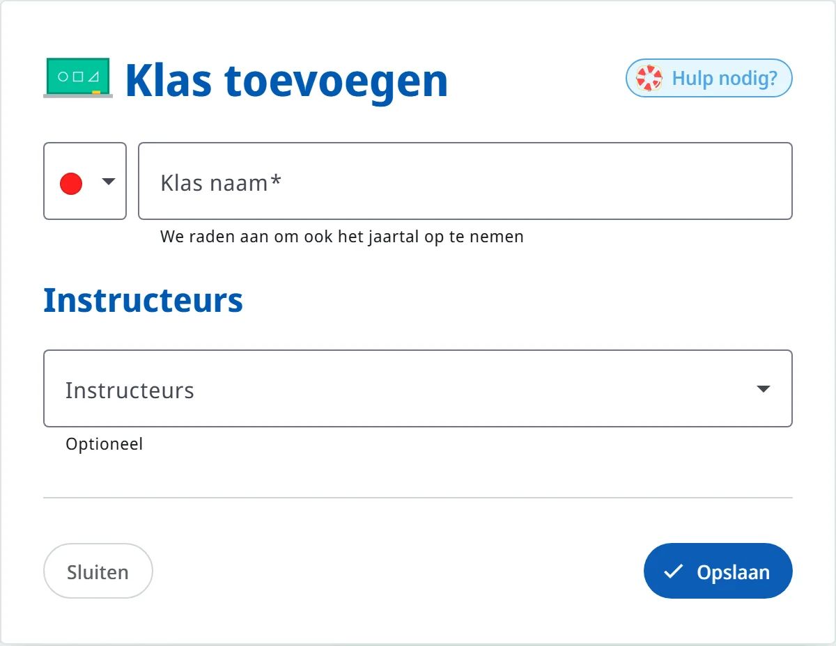 Het dialoogvenster "Klas toevoegen" met kleur, klasnaam en instructeurs
