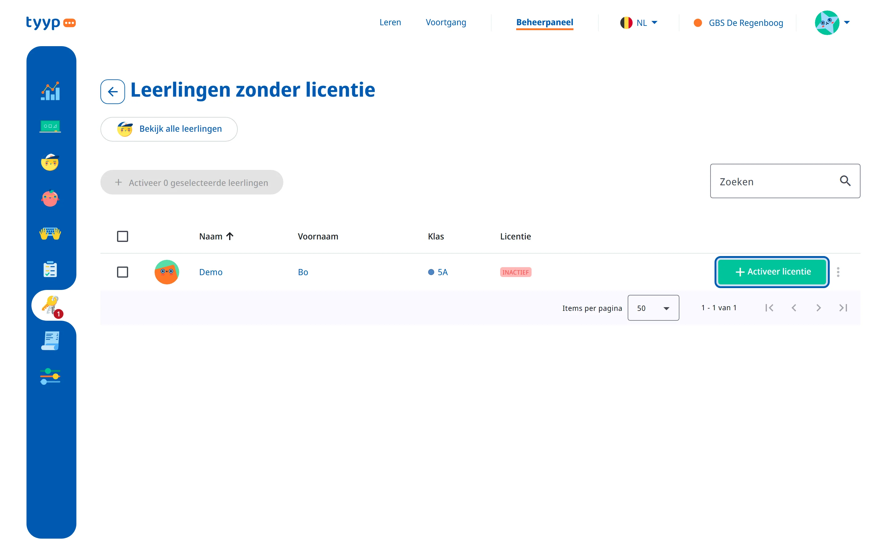 De lijst "Leerlingen zonder licentie" met de knop "Activeer licentie"