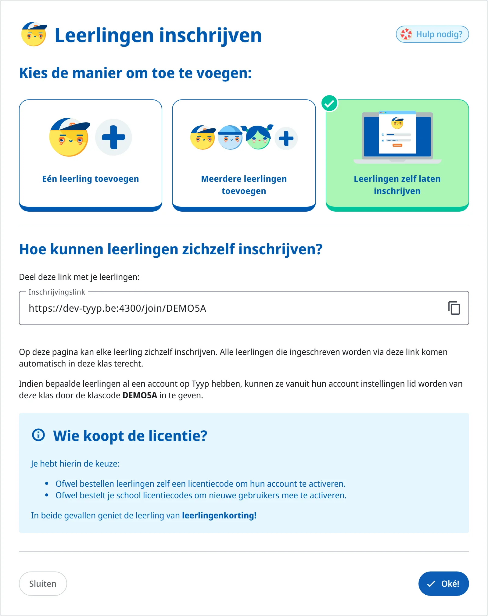 De inschrijvingslink en de klascode van de klas